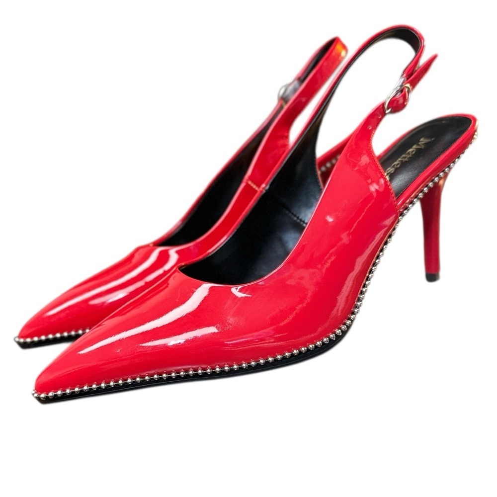 Lipstick Red Patent Leather Sexy Silver Beaded Slingback 3.5 Pointed Stilletos